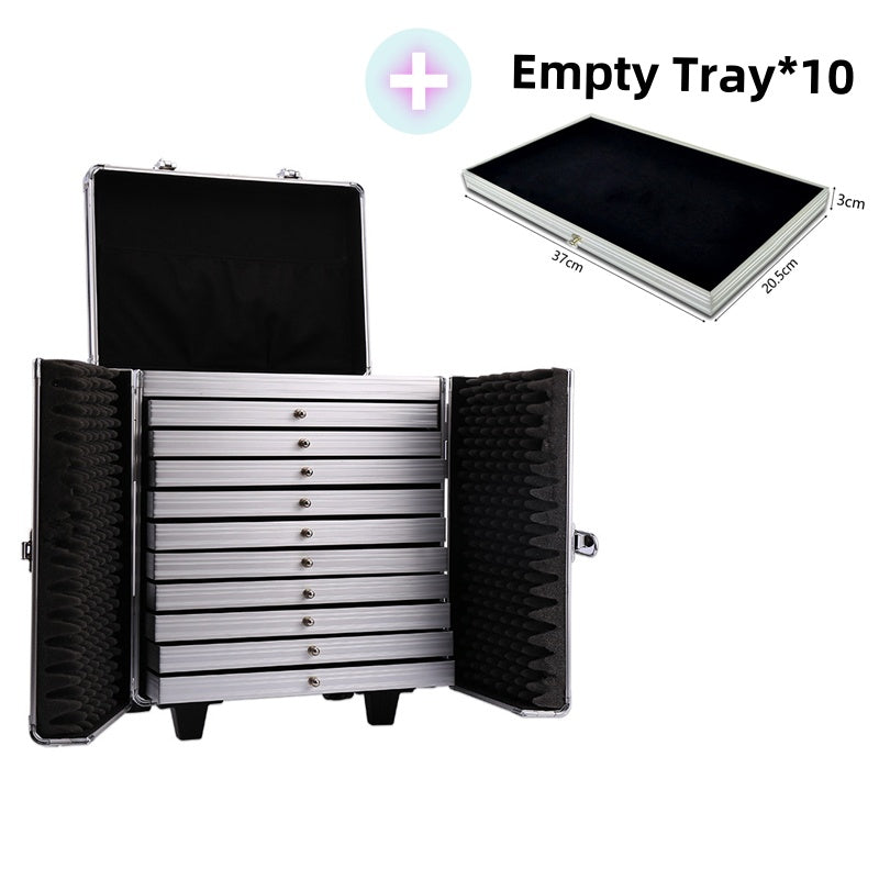 Jewelry Box Large Capacity Aluminum Trolley Case Black Leather Organizer Suitcase 10 Trays for Rings Necklace Bracelet