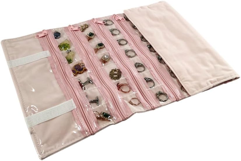 Velvet Travel Jewelry Case Roll Bag Organizer for Necklace, 9 Zipped Grids, Black