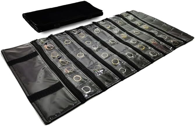 Velvet Travel Jewelry Case Roll Bag Organizer for Necklace, 9 Zipped Grids, Black
