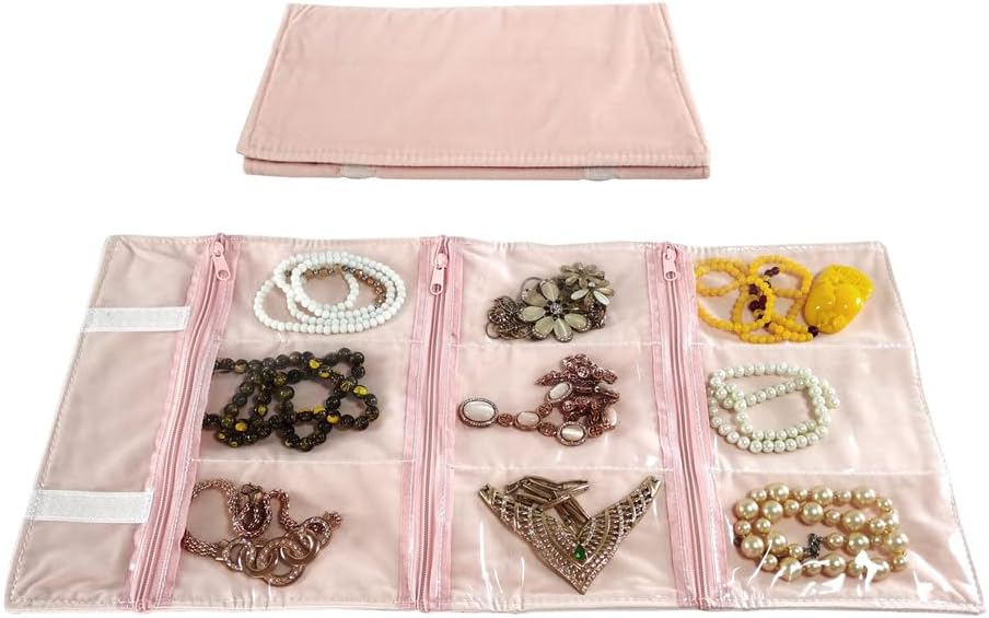 Velvet Travel Jewelry Case Roll Bag Organizer for Necklace, 9 Zipped Grids, Black
