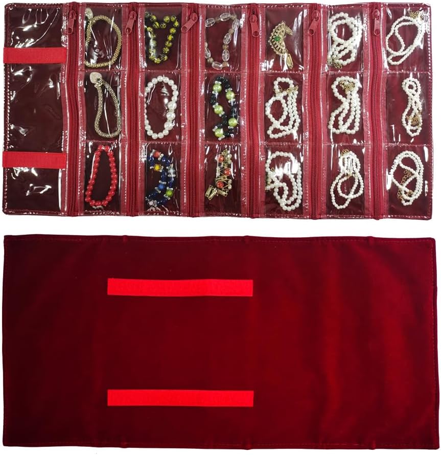 Velvet Travel Jewelry Case Roll Bag Organizer for Necklace, 9 Zipped Grids, Black