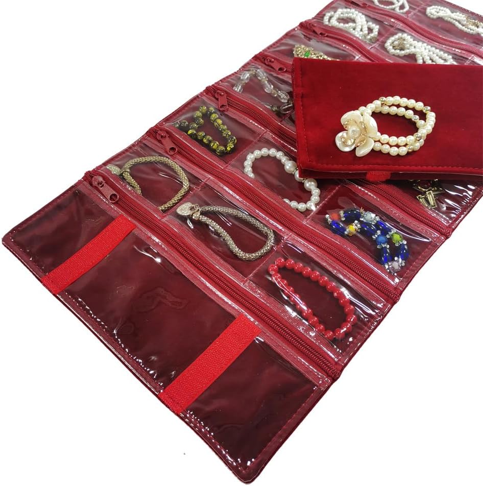 SCIKHEFT Velvet Travel Jewelry Case Roll Bag Organizer for Necklace Bracelets Ring Earrings