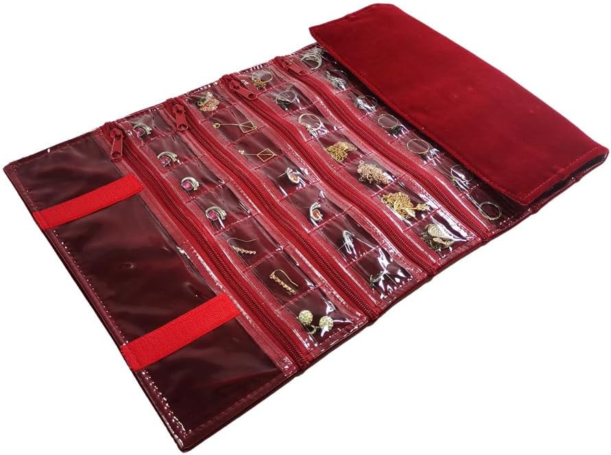 Velvet Travel Jewelry Case Roll Bag Organizer for Necklace, 9 Zipped Grids, Black