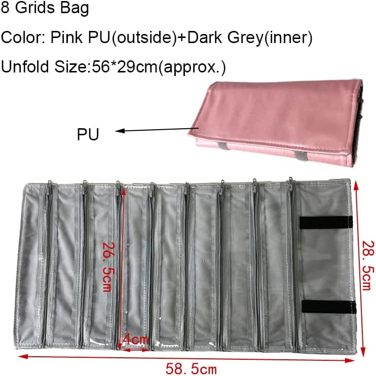 Velvet Travel Jewelry Case Roll Bag Organizer for Necklace, 9 Zipped Grids, Black