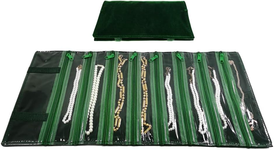 Velvet Travel Jewelry Case Roll Bag Organizer for Necklace, 9 Zipped Grids, Black