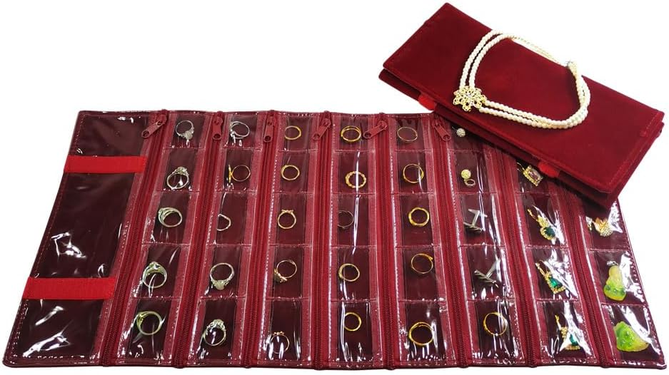 Velvet Travel Jewelry Case Roll Bag Organizer for Necklace, 9 Zipped Grids, Black