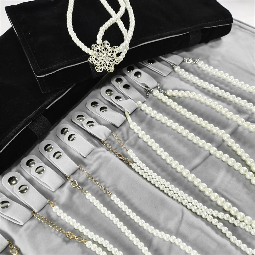 Velet Travel Jewelry Case Roll Bag Organizer for Necklace Bracelet Anklet Black Gray