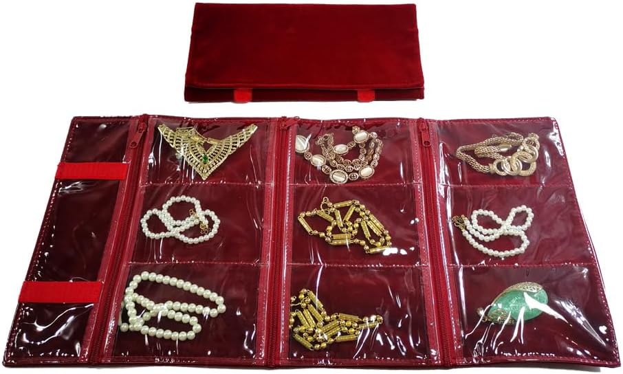 Velvet Travel Jewelry Case Roll Bag Organizer for Necklace, 9 Zipped Grids, Black