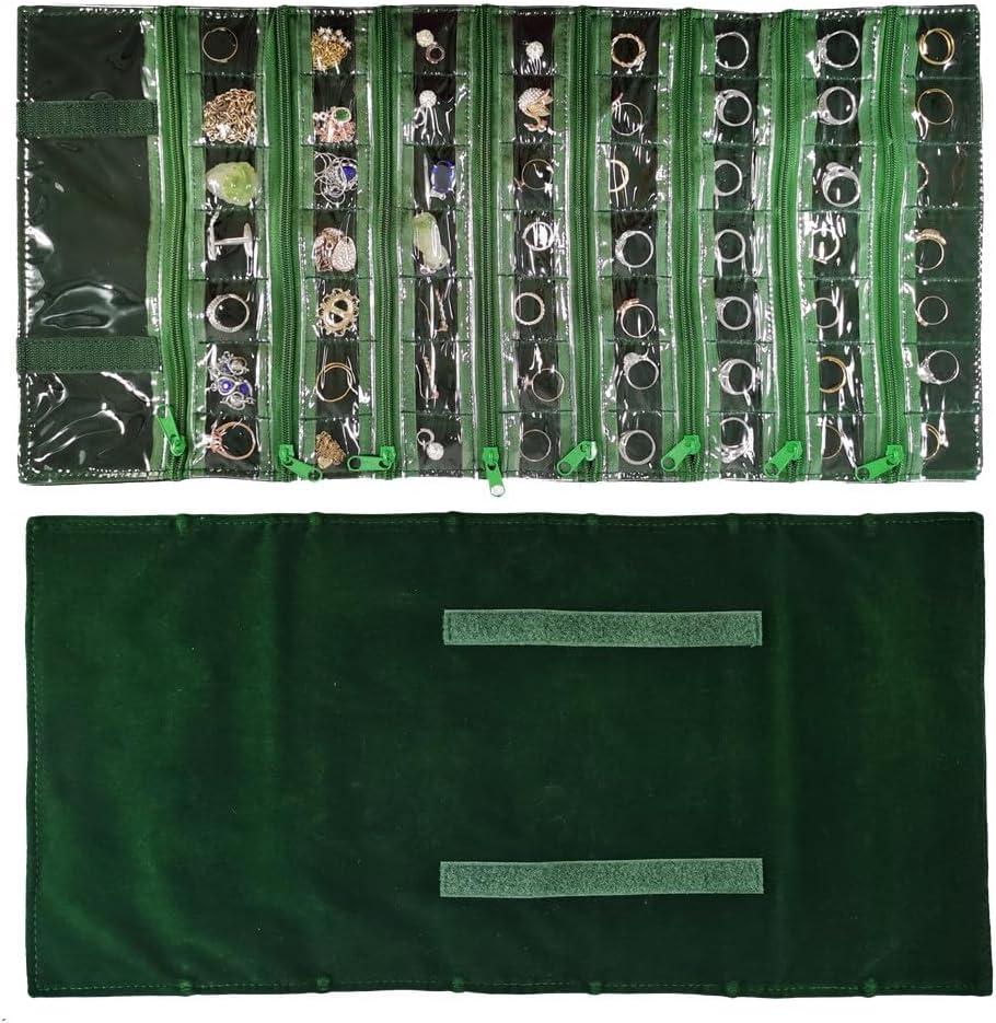 Velvet Travel Jewelry Case Roll Bag Organizer for Necklace, 9 Zipped Grids, Black