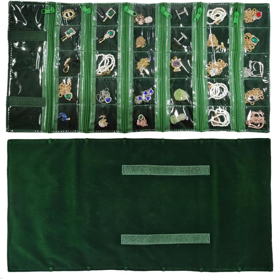 Velvet Travel Jewelry Case Roll Bag Organizer for Necklace, 9 Zipped Grids, Black