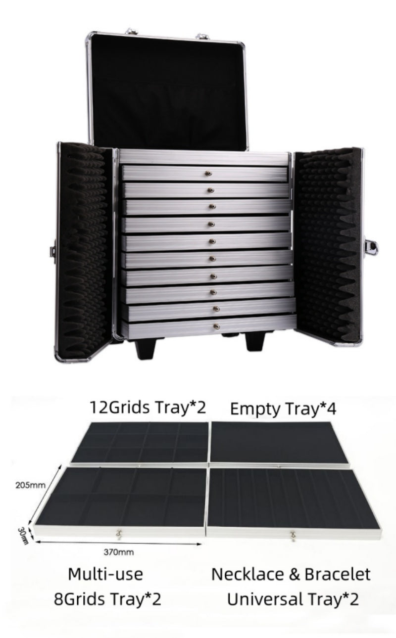 Jewelry Box Large Capacity Aluminum Trolley Case Black Leather Organizer Suitcase 10 Trays for Rings Necklace Bracelet