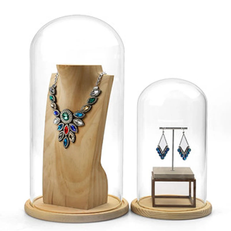 Jewelry Prop Window Display Rack Decoration Transparent Dust-proof plastic Cover Solid Wood Base Jewelry Shop Dedicated