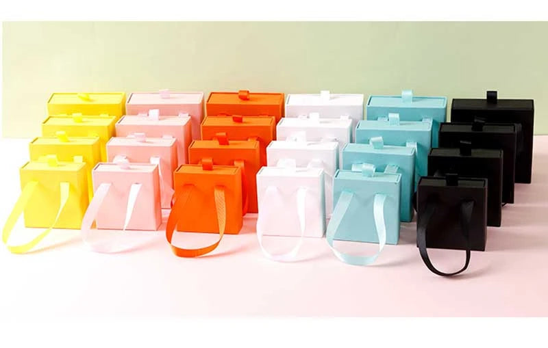 10Pcs/lot New Year Party Gift Box Earring Ring Jewelry Packaging Box Wedding Ribbon Handle Drawer Case Necklace Bracelet Holder