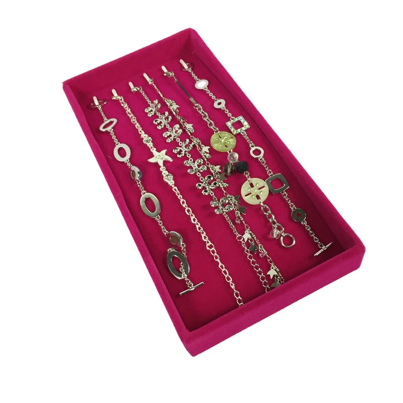 Luxurious Rose Red Velvet Jewelry Display Tray Necklace Pendant Beads Storage Showcase Box Trinket Tray Ring Bracelet Orgnizer