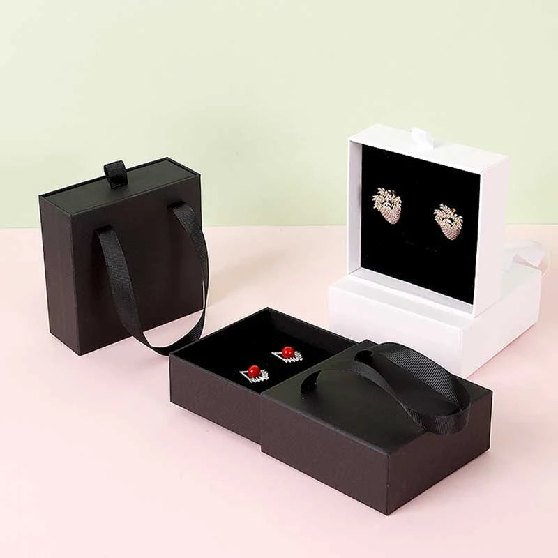 10Pcs/lot New Year Party Gift Box Earring Ring Jewelry Packaging Box Wedding Ribbon Handle Drawer Case Necklace Bracelet Holder