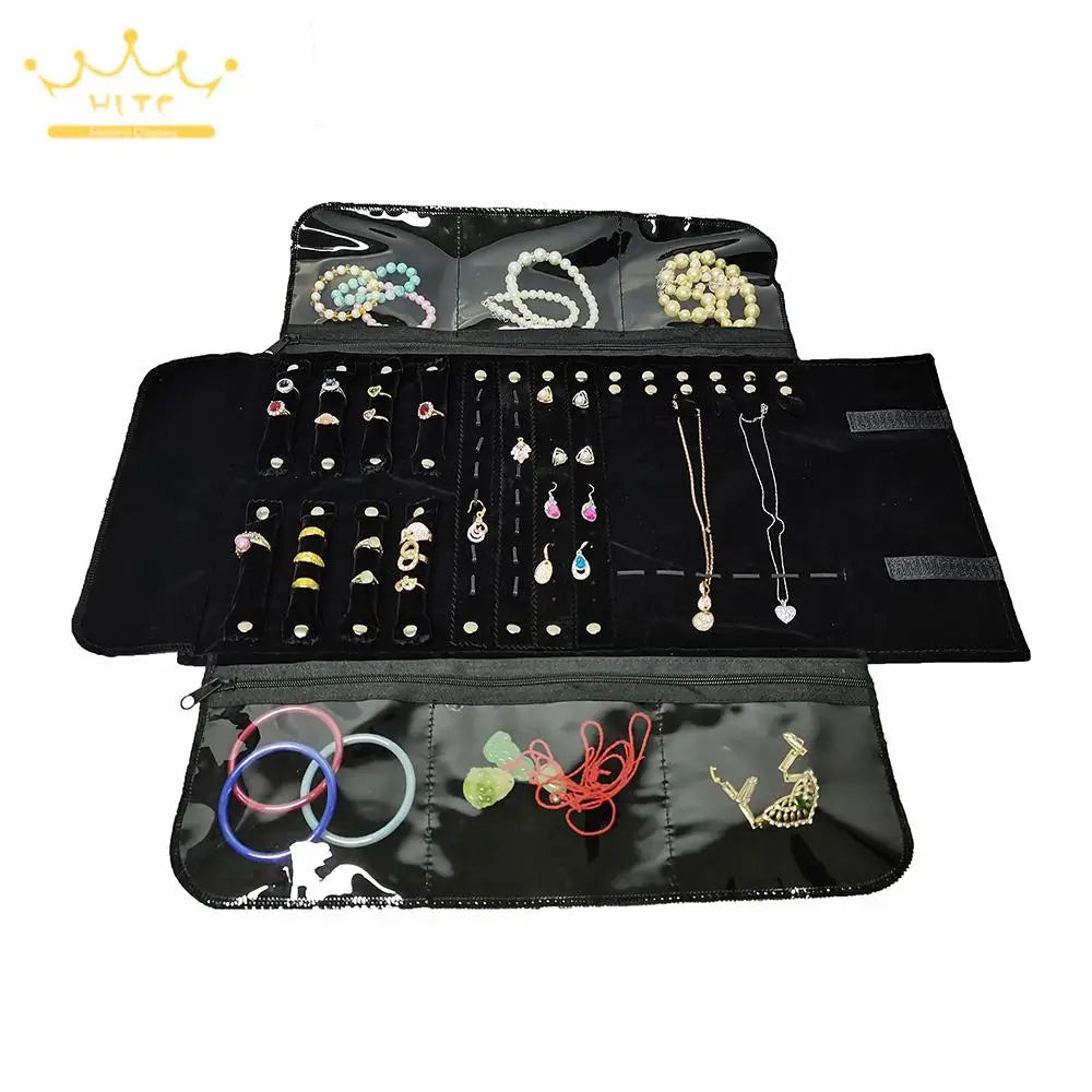 Fashion Black Velvet Jewelry Roll Bag with Zipper Bracelet Organizer Storage Pouch Portable Necklace Display Travel Bag