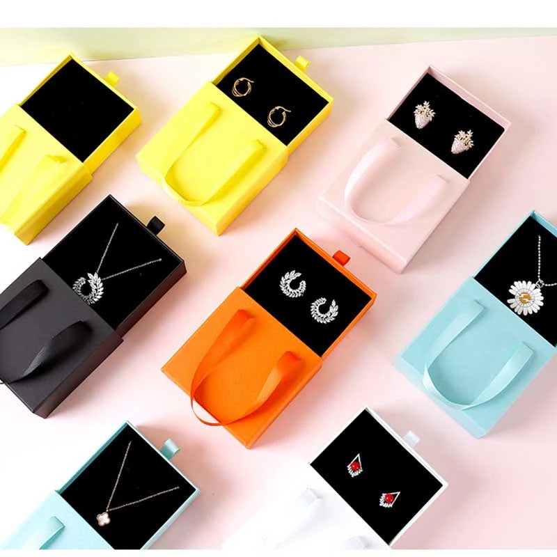 10Pcs/lot New Year Party Gift Box Earring Ring Jewelry Packaging Box Wedding Ribbon Handle Drawer Case Necklace Bracelet Holder