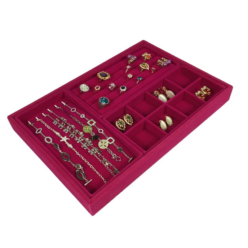 Luxurious Rose Red Velvet Jewelry Display Tray Necklace Pendant Beads Storage Showcase Box Trinket Tray Ring Bracelet Orgnizer