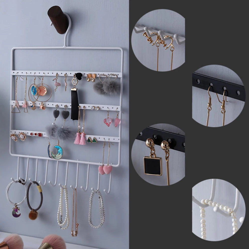Capacity 66 Holes And 10 Hooks Jewelry Organizer Rack Stand Display Holder Wall Earring Stud Necklace Key Hanging Storage Holder