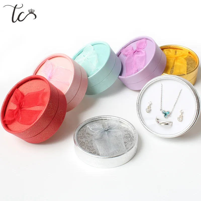 Jewelry Display Box Cardboard Necklace Earrings Ring Box Round Packaging Gift Box with Sponge Ribbon Wholesales 12/24pcs/Lot