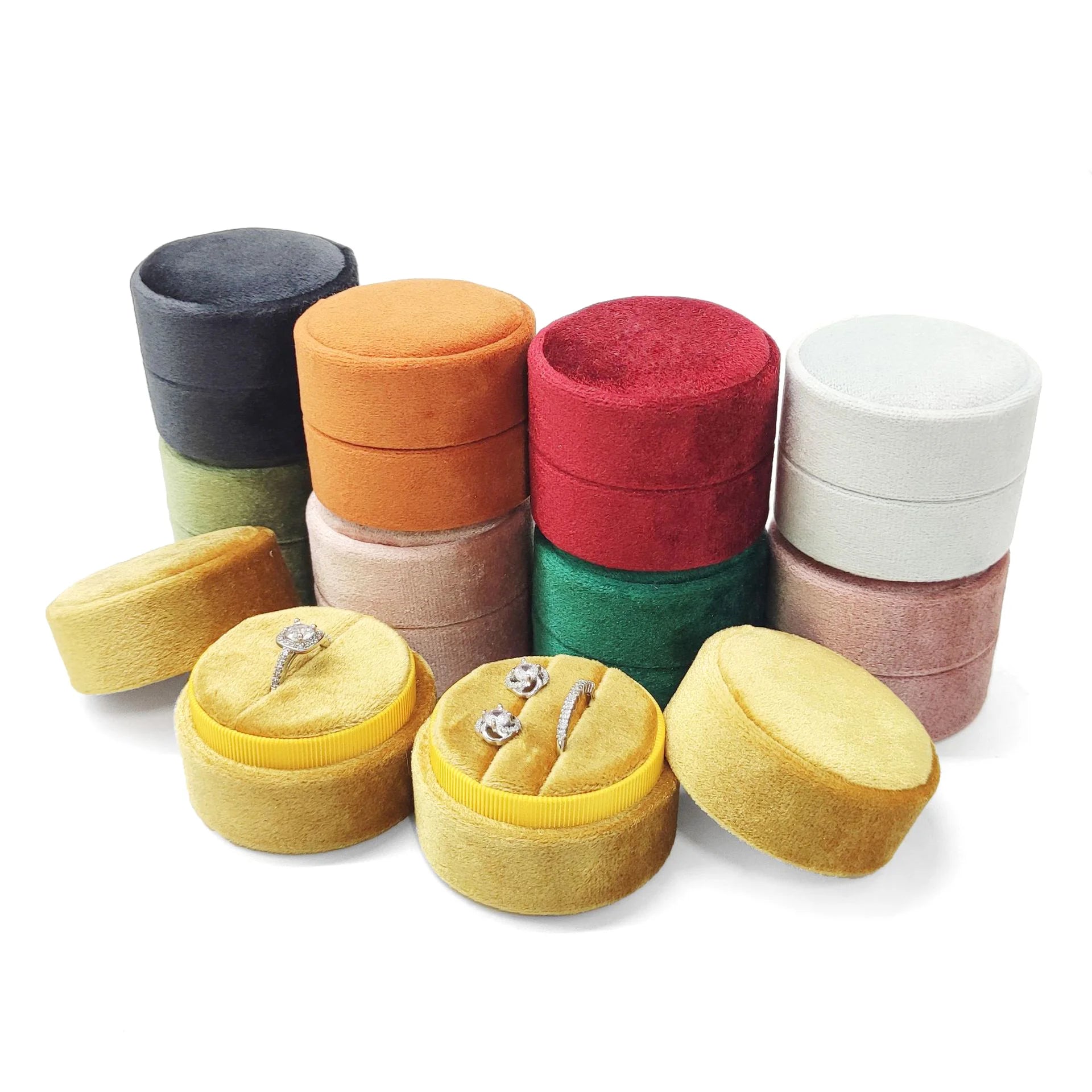 Luxury Round Velvet Jewelry Earring Ring Display Case Box Storage Organizer Holder Gift Packaging Box Portable Travel Wedding