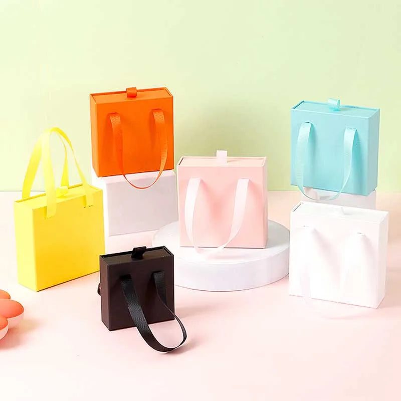 10Pcs/lot New Year Party Gift Box Earring Ring Jewelry Packaging Box Wedding Ribbon Handle Drawer Case Necklace Bracelet Holder