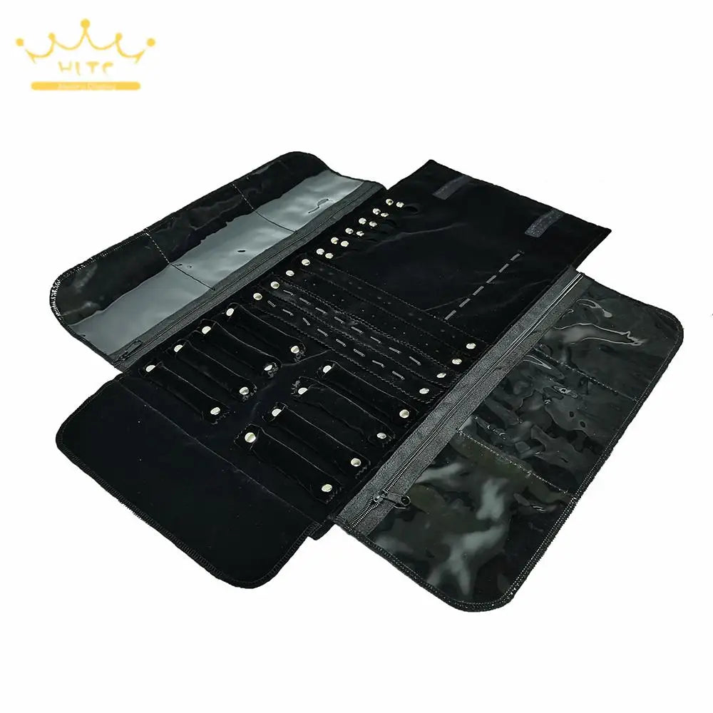 Fashion Black Velvet Jewelry Roll Bag with Zipper Bracelet Organizer Storage Pouch Portable Necklace Display Travel Bag