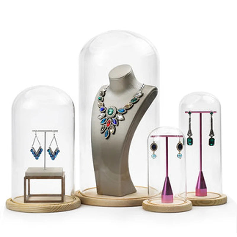 Jewelry Prop Window Display Rack Decoration Transparent Dust-proof plastic Cover Solid Wood Base Jewelry Shop Dedicated
