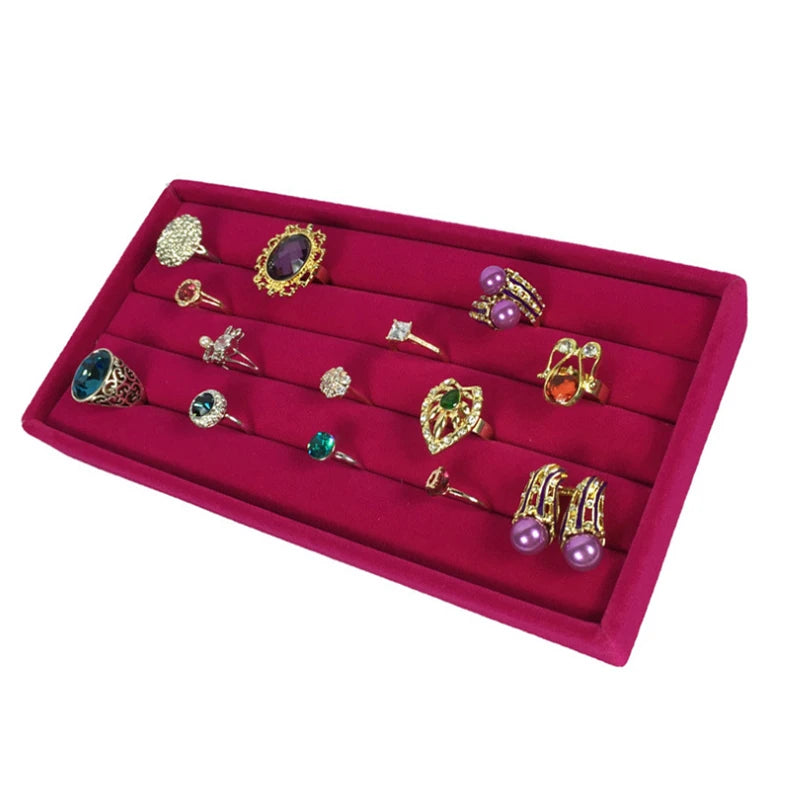 Luxurious Rose Red Velvet Jewelry Display Tray Necklace Pendant Beads Storage Showcase Box Trinket Tray Ring Bracelet Orgnizer