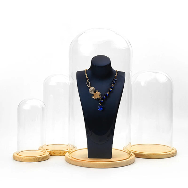 Jewelry Prop Window Display Rack Decoration Transparent Dust-proof plastic Cover Solid Wood Base Jewelry Shop Dedicated