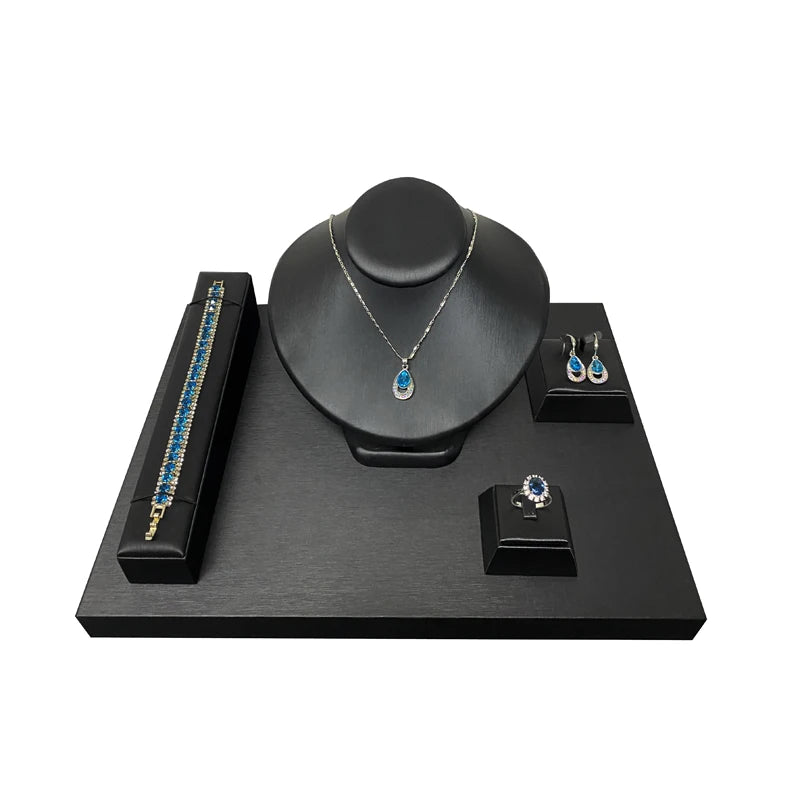 Faux PU Jewelry Counter Showcase Black Necklace Bracelet Organizer Holder Diamond Ring Earring Display Storage Stand