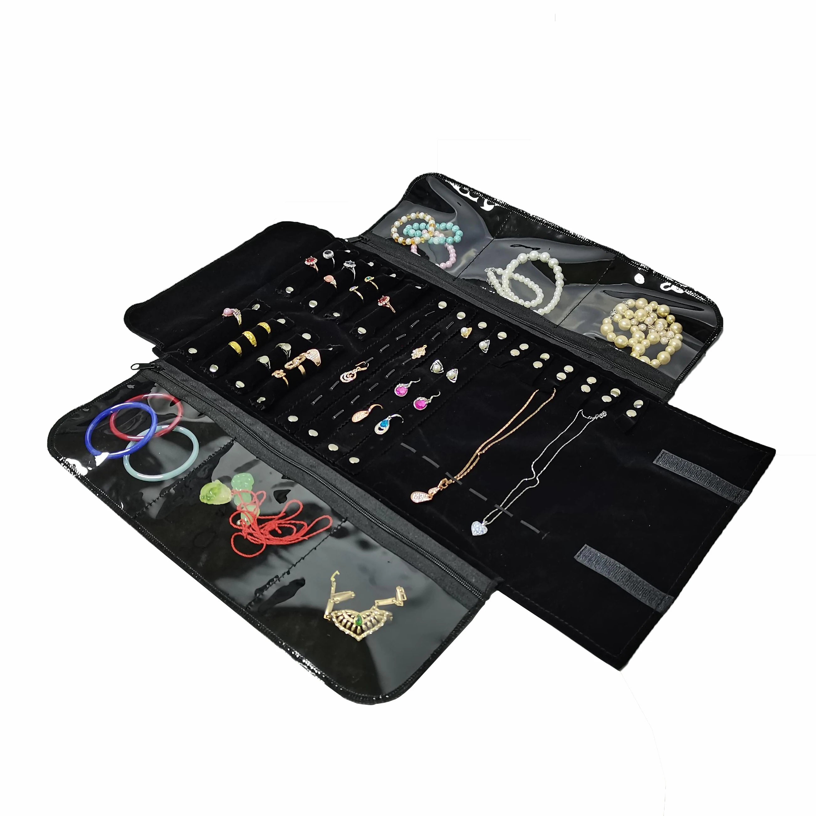 Fashion Black Velvet Jewelry Roll Bag with Zipper Bracelet Organizer Storage Pouch Portable Necklace Display Travel Bag