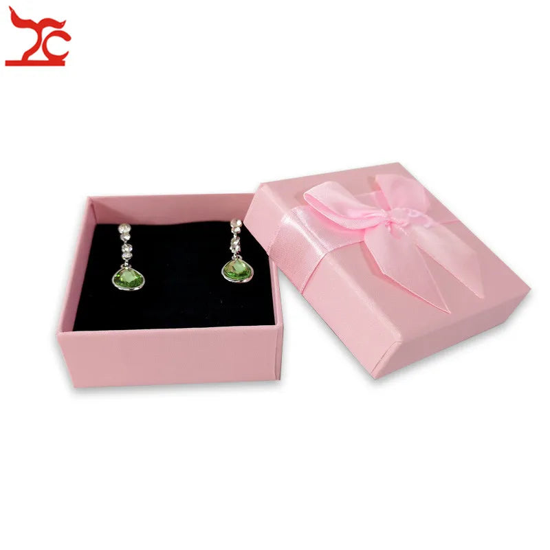 20Pcs/lot Pink Paper Jewelry Box Green White Earring Necklace Storage Organizer Gift Ribbon Ring Box 7.5*7.5*3cm Wholesale