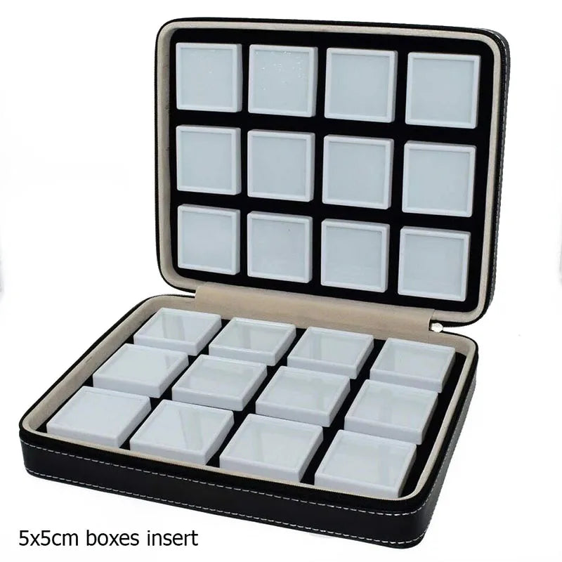 High-End Black Leatherette Gemstone Storage Box Diamond Travel Case Jewelry Holder with Gem Box Protable