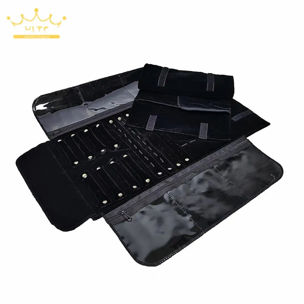 Fashion Black Velvet Jewelry Roll Bag with Zipper Bracelet Organizer Storage Pouch Portable Necklace Display Travel Bag