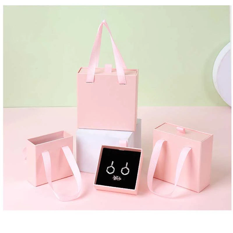 10Pcs/lot New Year Party Gift Box Earring Ring Jewelry Packaging Box Wedding Ribbon Handle Drawer Case Necklace Bracelet Holder