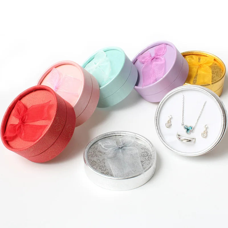 Jewelry Display Box Cardboard Necklace Earrings Ring Box Round Packaging Gift Box with Sponge Ribbon Wholesales 12/24pcs/Lot
