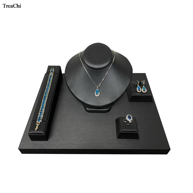 Faux PU Jewelry Counter Showcase Black Necklace Bracelet Organizer Holder Diamond Ring Earring Display Storage Stand
