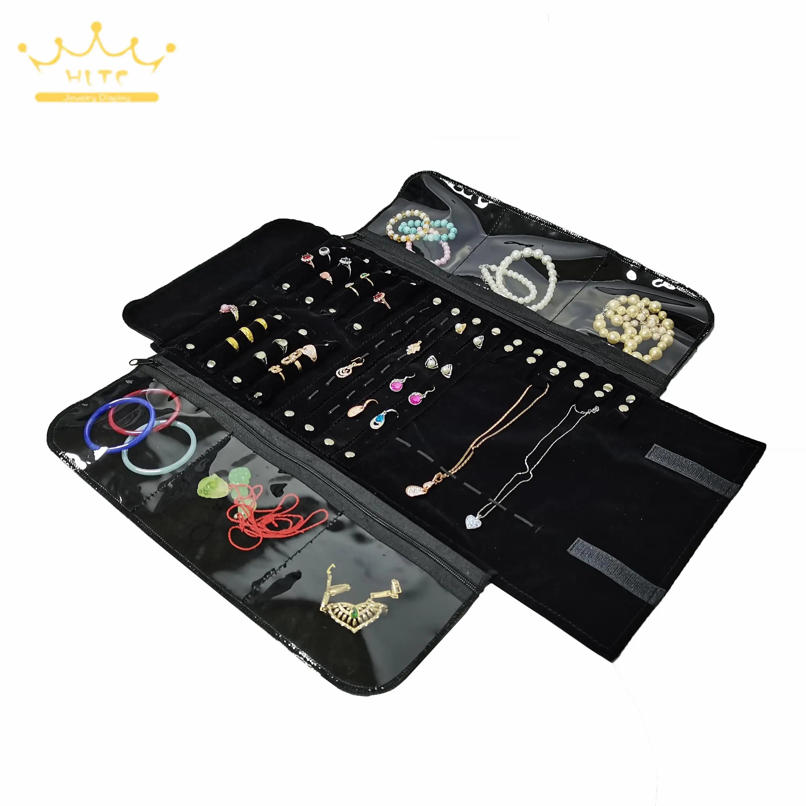 Fashion Black Velvet Jewelry Roll Bag with Zipper Bracelet Organizer Storage Pouch Portable Necklace Display Travel Bag