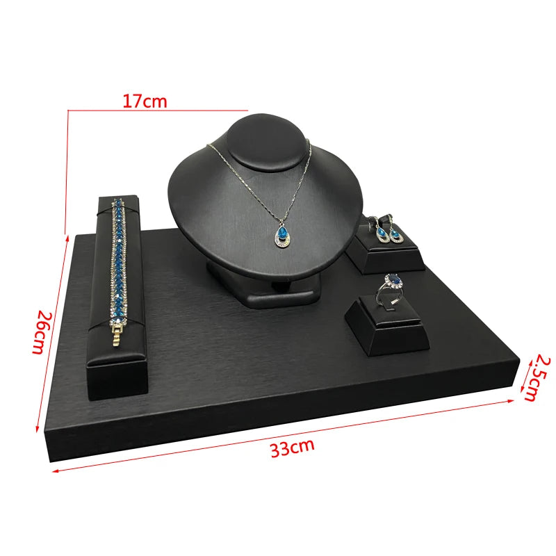 Faux PU Jewelry Counter Showcase Black Necklace Bracelet Organizer Holder Diamond Ring Earring Display Storage Stand