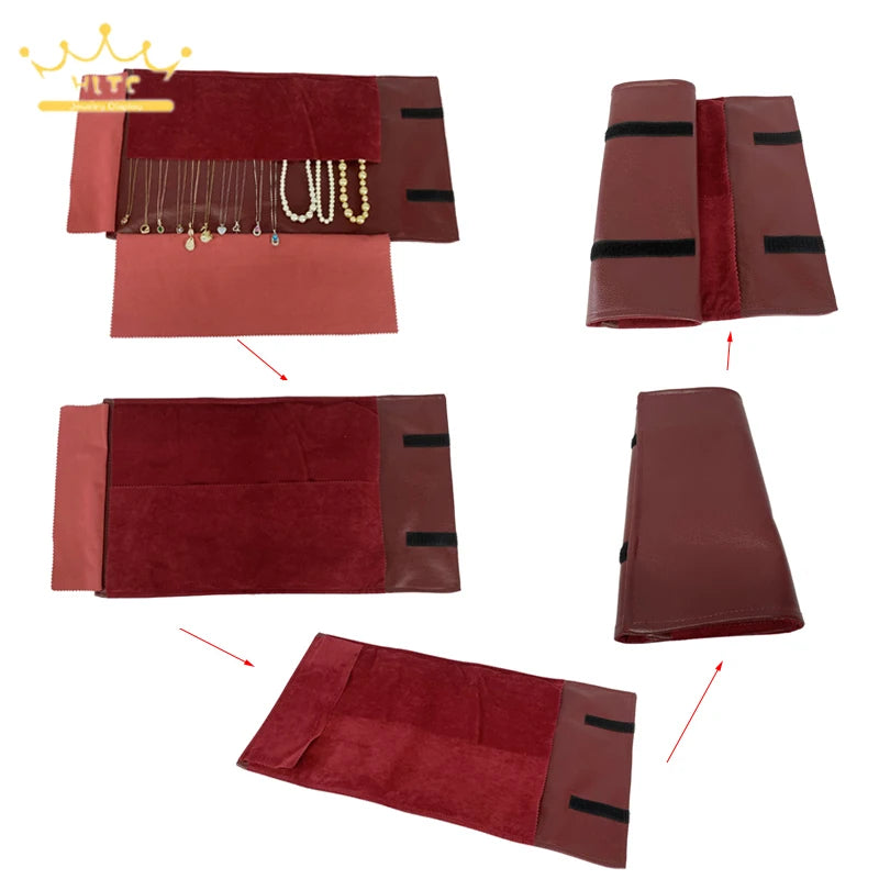 Wine Red Jewelry Organizer Pu Leather Roll Bag Necklace Bracelet Holder Travel Jewellery Bags Portable Jewelry Display Pouch