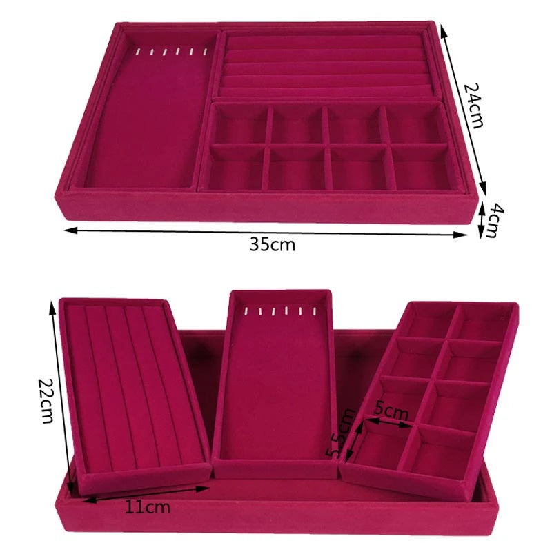 Luxurious Rose Red Velvet Jewelry Display Tray Necklace Pendant Beads Storage Showcase Box Trinket Tray Ring Bracelet Orgnizer