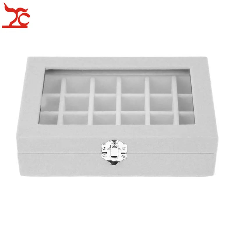 Glass Lid 24 Grids Velvet Jewelry Rind Joyeros Display Organizer Holder Case Women Makeup Storage de joyas Casket Multi Colors