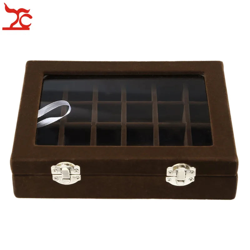 Glass Lid 24 Grids Velvet Jewelry Rind Joyeros Display Organizer Holder Case Women Makeup Storage de joyas Casket Multi Colors