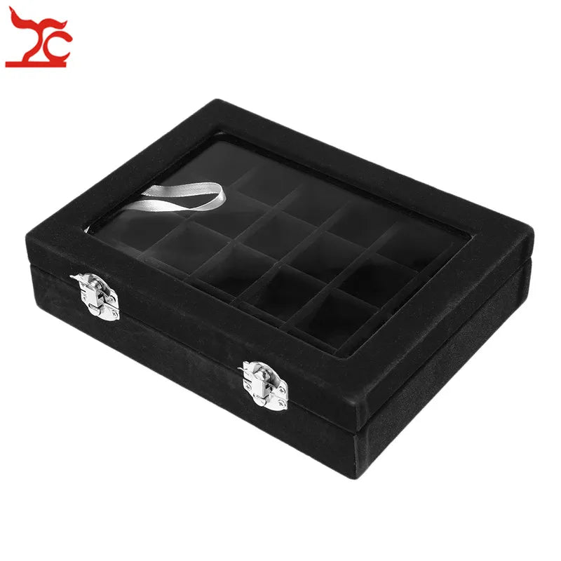 Glass Lid 24 Grids Velvet Jewelry Rind Joyeros Display Organizer Holder Case Women Makeup Storage de joyas Casket Multi Colors