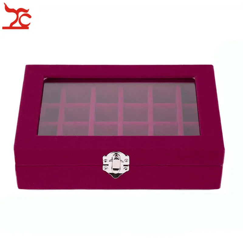 Glass Lid 24 Grids Velvet Jewelry Rind Joyeros Display Organizer Holder Case Women Makeup Storage de joyas Casket Multi Colors