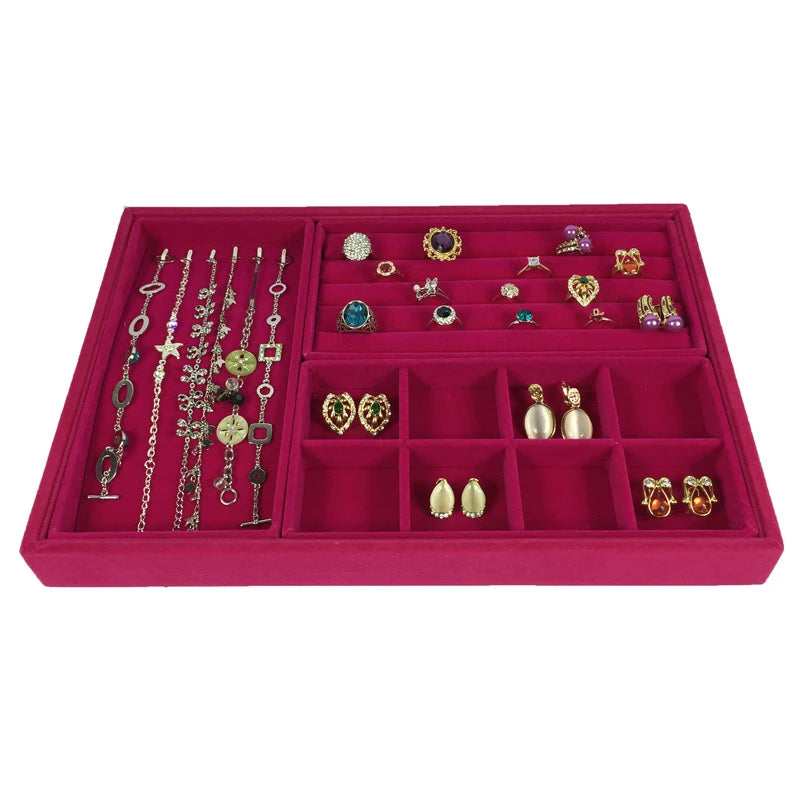 Luxurious Rose Red Velvet Jewelry Display Tray Necklace Pendant Beads Storage Showcase Box Trinket Tray Ring Bracelet Orgnizer