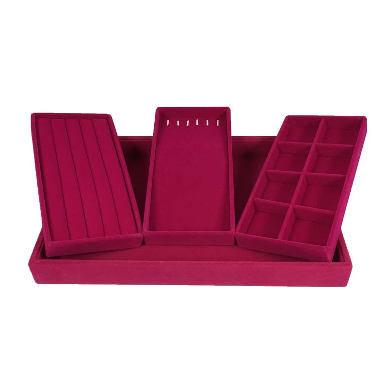 Luxurious Rose Red Velvet Jewelry Display Tray Necklace Pendant Beads Storage Showcase Box Trinket Tray Ring Bracelet Orgnizer