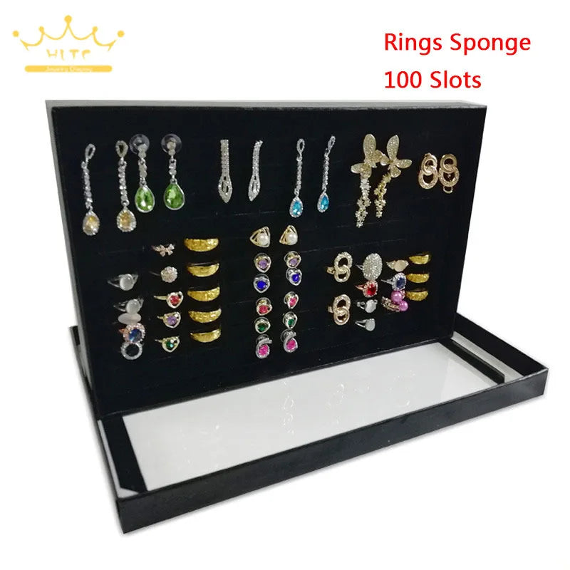 Practical 100 Slot Rings Display Tray Ring Organizer Show Case Jewelry Earrings Holder Storage Box with Transparent Top