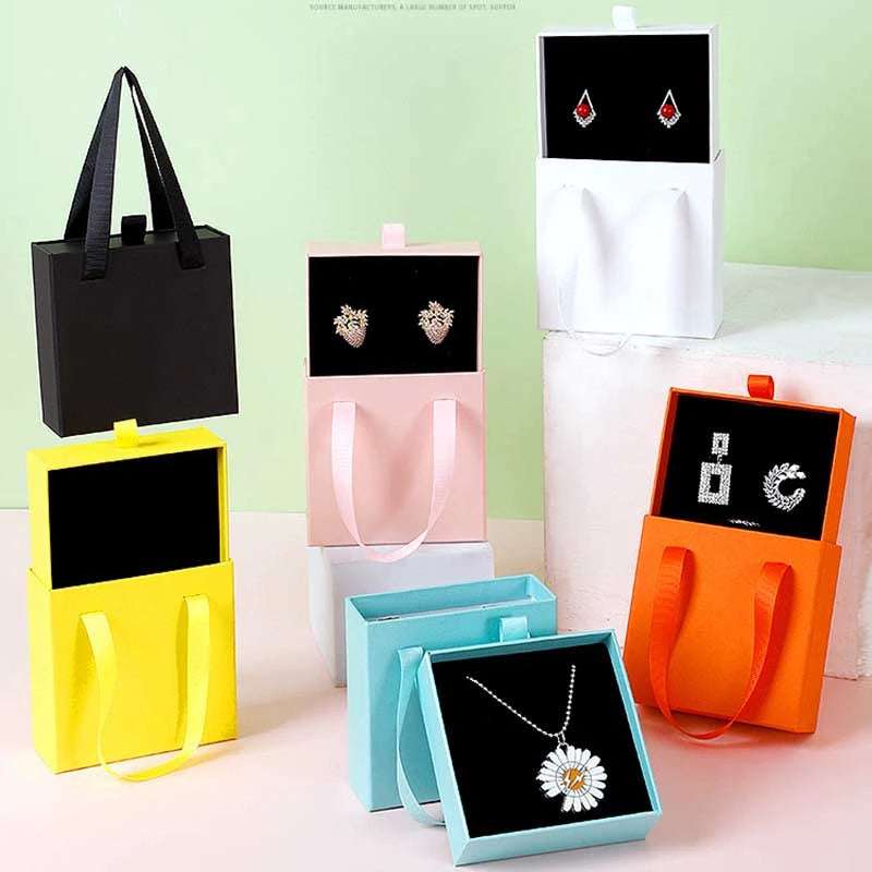 10Pcs/lot New Year Party Gift Box Earring Ring Jewelry Packaging Box Wedding Ribbon Handle Drawer Case Necklace Bracelet Holder
